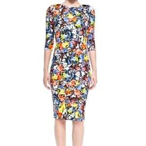 Erdem Wilhelmina Colourful Floral Knee Length Dress Elbow Half Sleeves Size 8